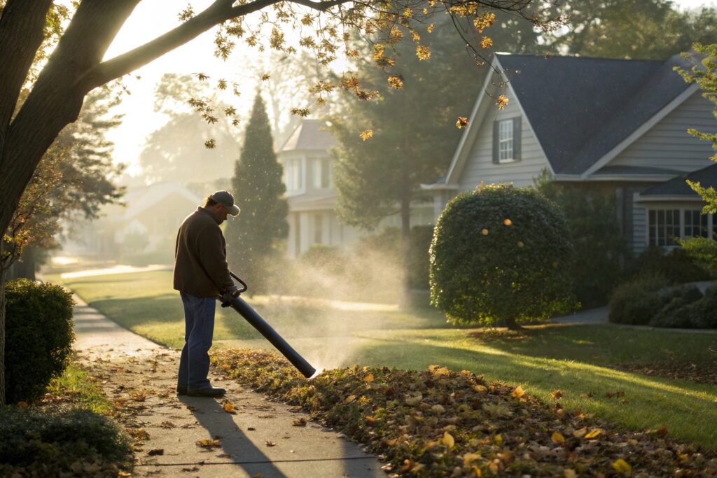 customer using quiet revolution blower in residential area