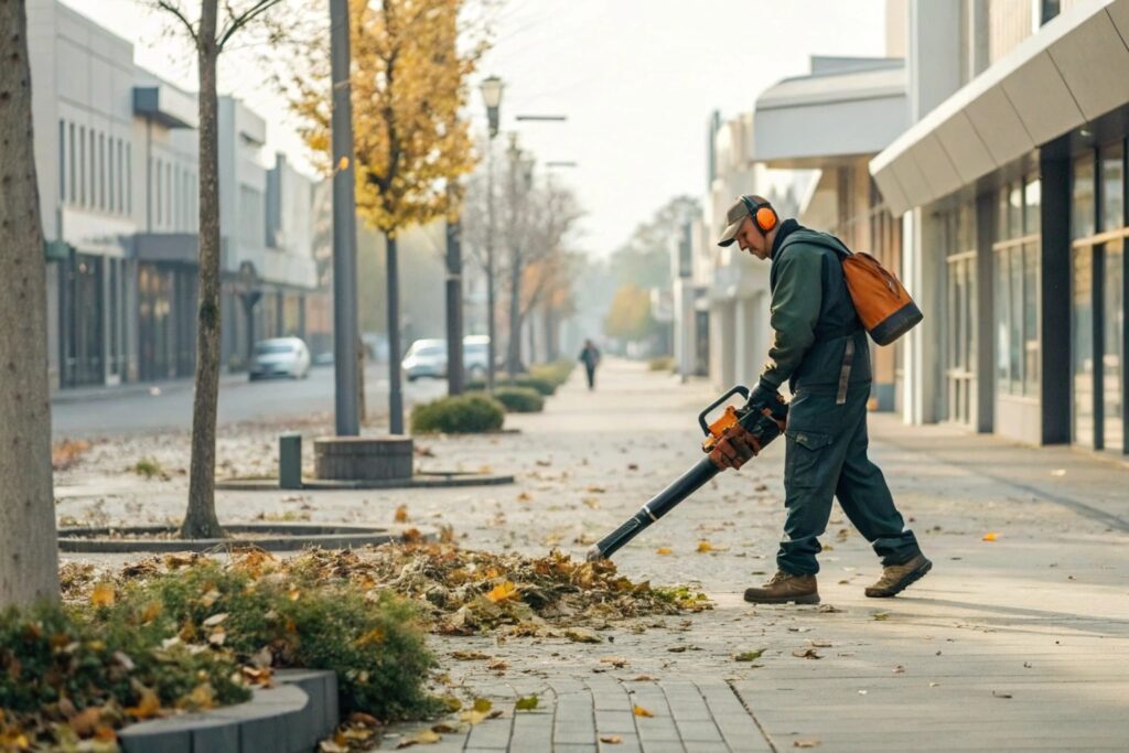 landscaper using battery blower in commercial area